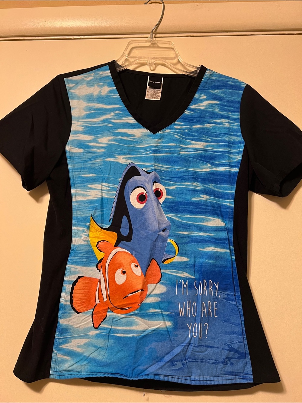 S Like New Blue Finding Nemo Scrub Top with Black Sides